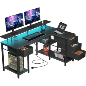L-Shaped Computer Desk with 4 Drawers & Shelves, LED Lighting and Power Sockets, Gaming & Office Workstation for Monitor Setup